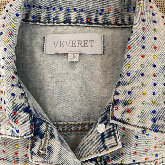 Veveret Rhinestone Studded Denim Jacket Cropped Distressed tie small dye style - Picture 3 of 16